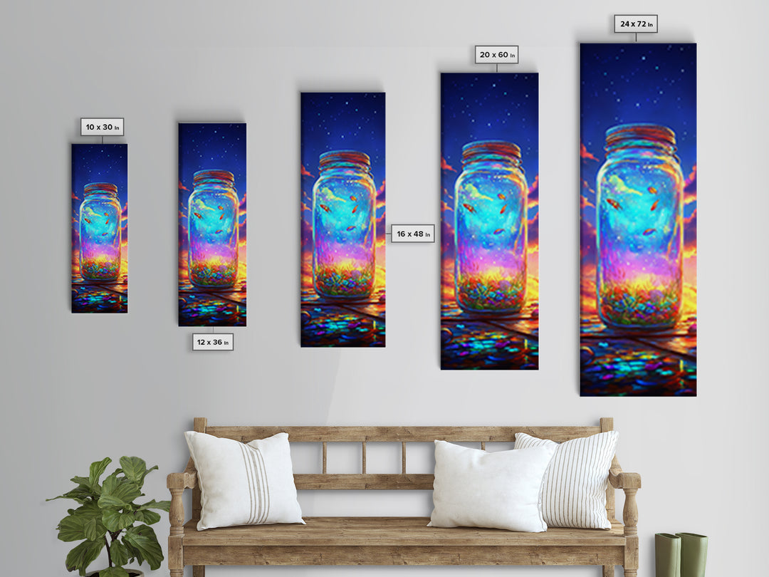 Glowing Mason Jar With Tiny Fish At Sunset Canvas Print, Magical Celestial Wall Art, Colorful Nature Decor, Unique Art Gift