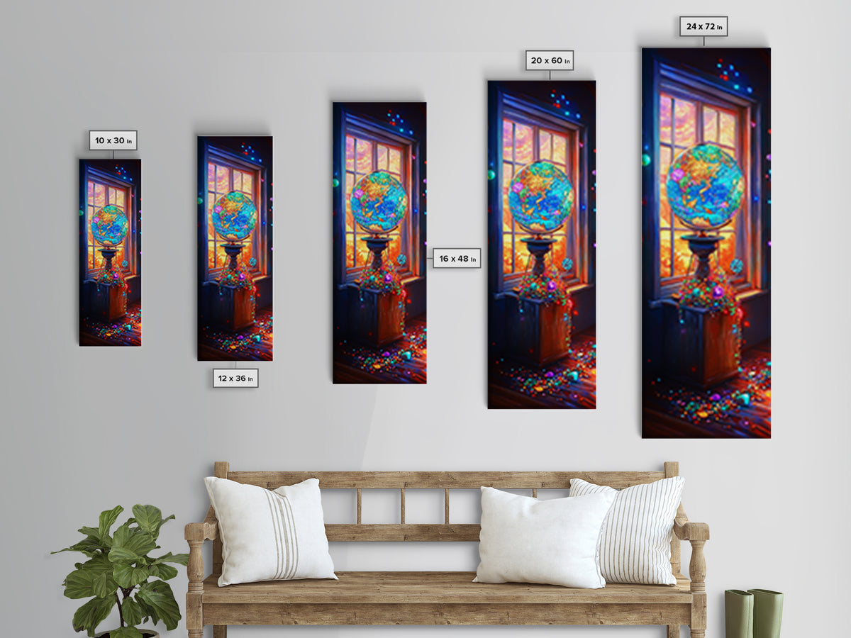 Glowing Jeweled Globe By Window Framed Canvas Print, Colorful Celestial Wall Art, Whimsical Office Decor, Unique Art Gift