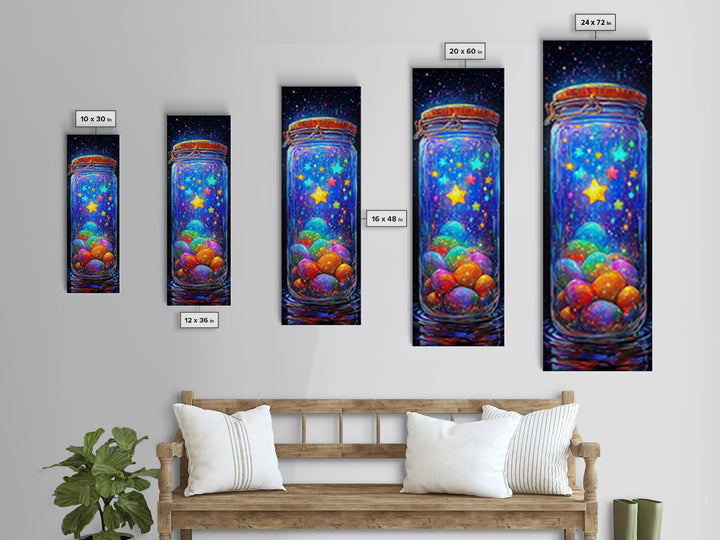 Glowing Star Jar With Tiny Planets Wall Art, Whimsical Celestial Canvas, Colorful Nursery Decor, Space Lover Gift Print Poster