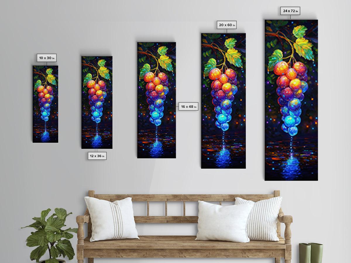 Glowing Grapes Reflecting On Water Framed Canvas Print, Vineyard Wall Art, Colorful Kitchen Decor, Fruit Art Poster Gift