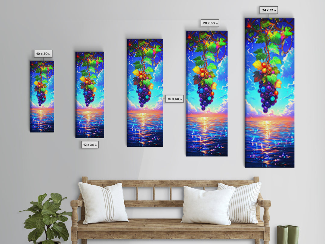 Sunlit Grapes Over Ocean Sunset Canvas Print, Vineyard Wall Art, Coastal Kitchen Decor, Colorful Fruit Art Housewarming Gift