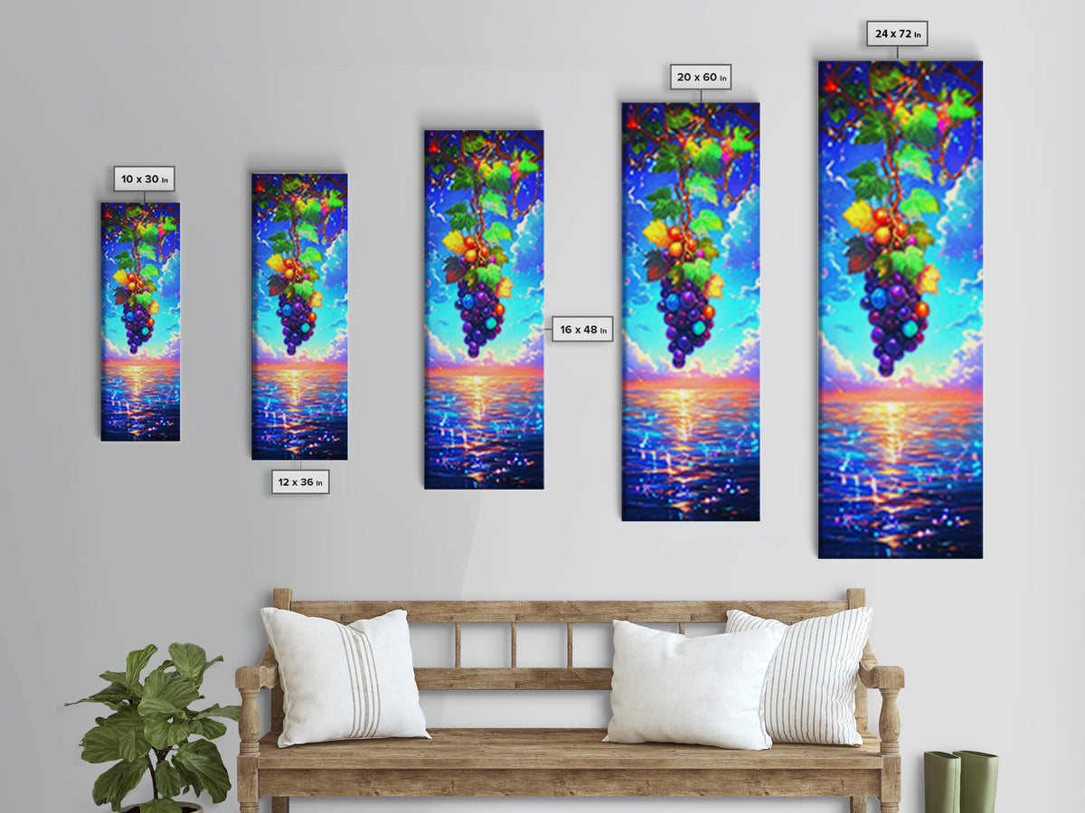 Sunlit Grapes Over Ocean Sunset Canvas Print, Vineyard Wall Art, Coastal Kitchen Decor, Colorful Fruit Art Housewarming Gift