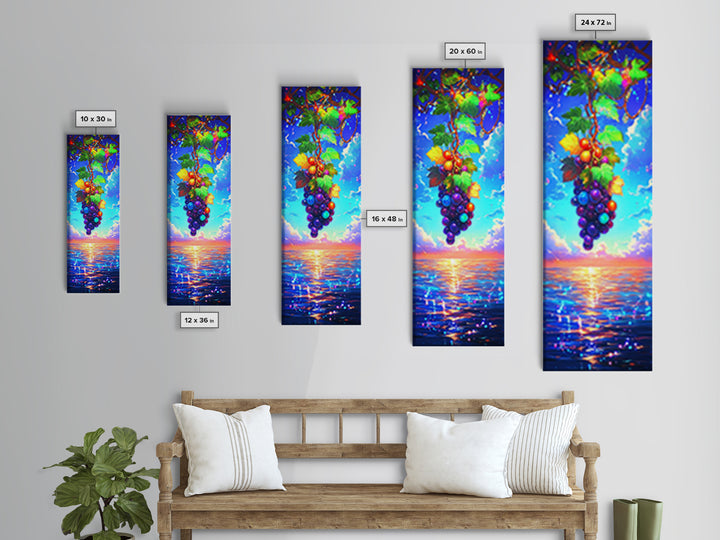 Sunlit Grapes Over Ocean Sunset Canvas Print, Vineyard Wall Art, Coastal Kitchen Decor, Colorful Fruit Art Housewarming Gift