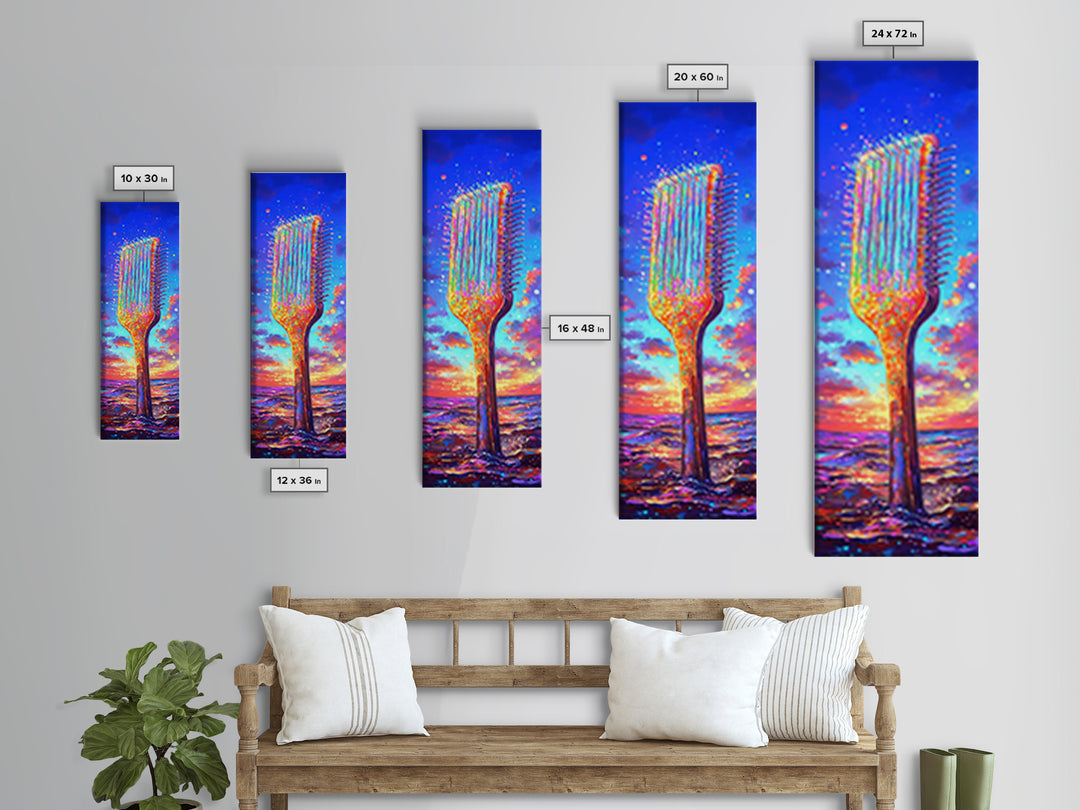 Giant Rainbow Hair Comb At Ocean Sunset Canvas Print, Salon Wall Art, Beauty Salon Decor, Colorful Coastal Gift Print Poster