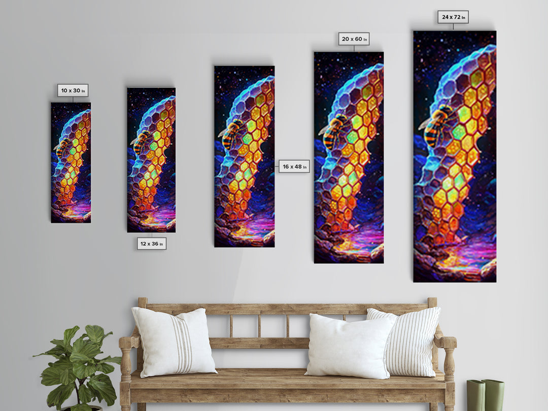 Glowing Honeycomb And Bee In Crystal Cave Framed Canvas Print, Animal Wall Art, Nature Inspired Art, Whimsical Decor Gift