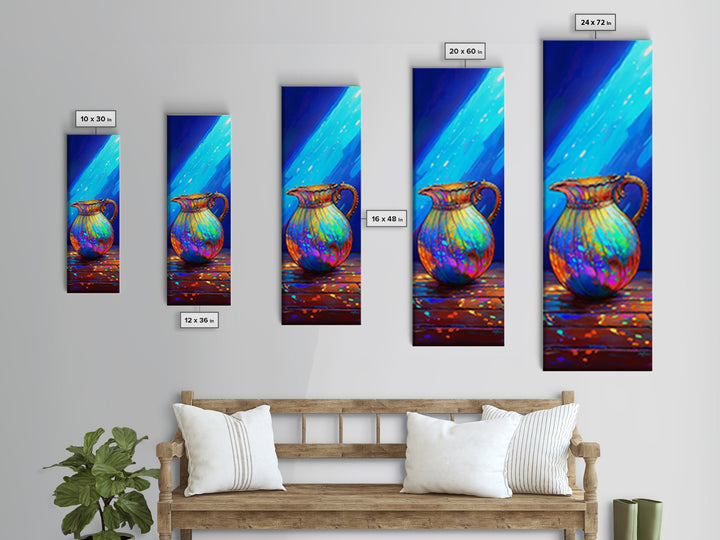 Iridescent Rainbow Pitcher In Blue Light Framed Canvas Print, Colorful Kitchen Wall Art, Modern Eclectic Home Decor Gift