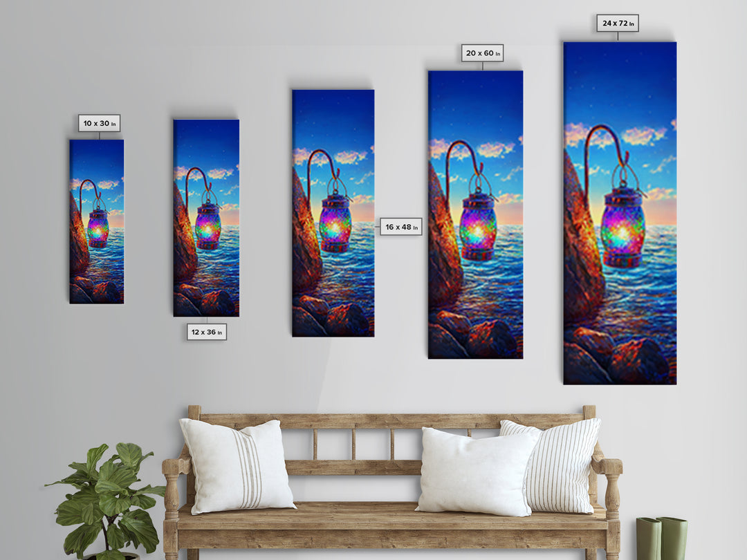 Hanging Rainbow Lantern Canvas Print, Coastal Wall Art, Ocean Sunset Painting, Nautical Decor, Beach House Living Room Art