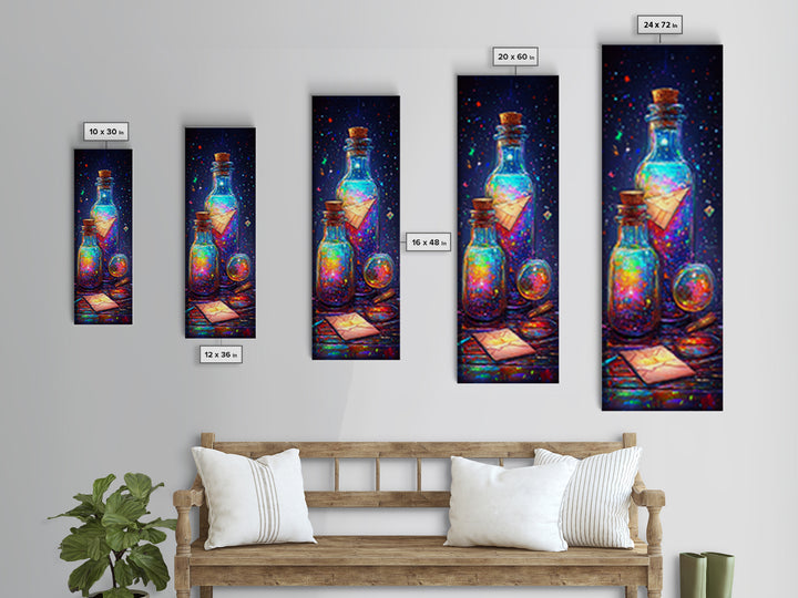 Glowing Message Bottles With Paper Boats Canvas Print, Celestial Wall Art, Fantasy Decor, Magical Art Print, Unique Gift