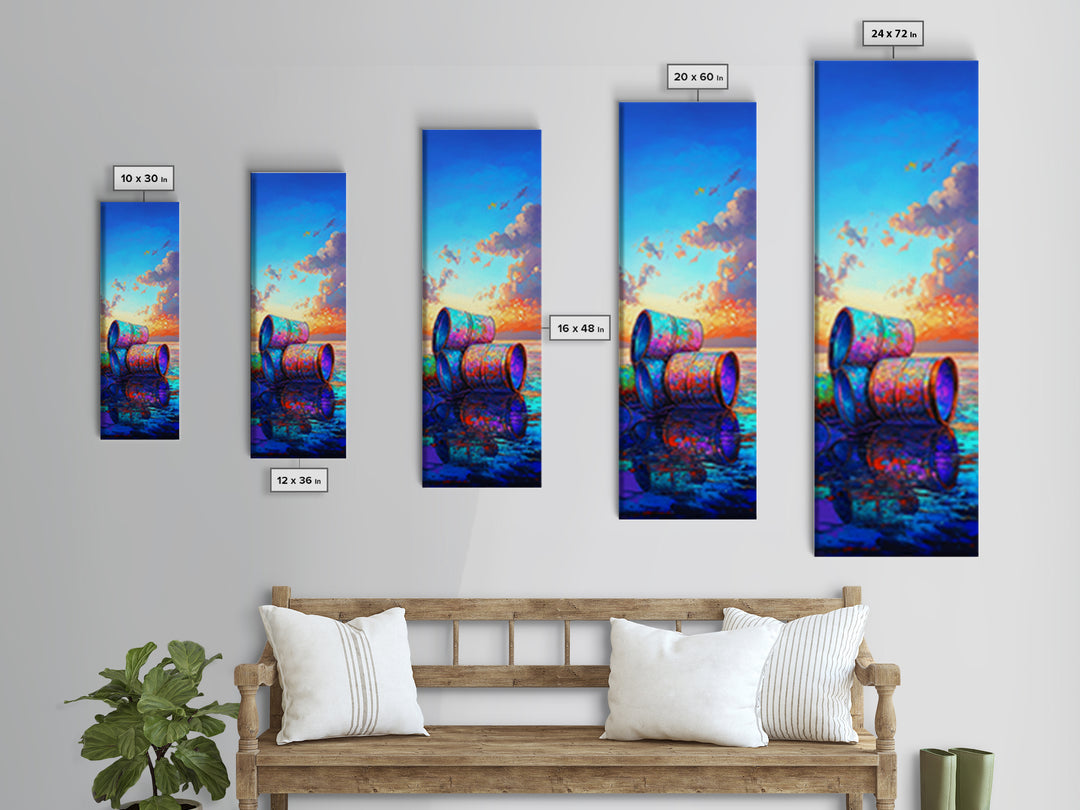 Colorful Beach Barrels Framed Canvas Print, Coastal Wall Art, Ocean Sunset Painting, Nautical Home Decor, Beach House Gift