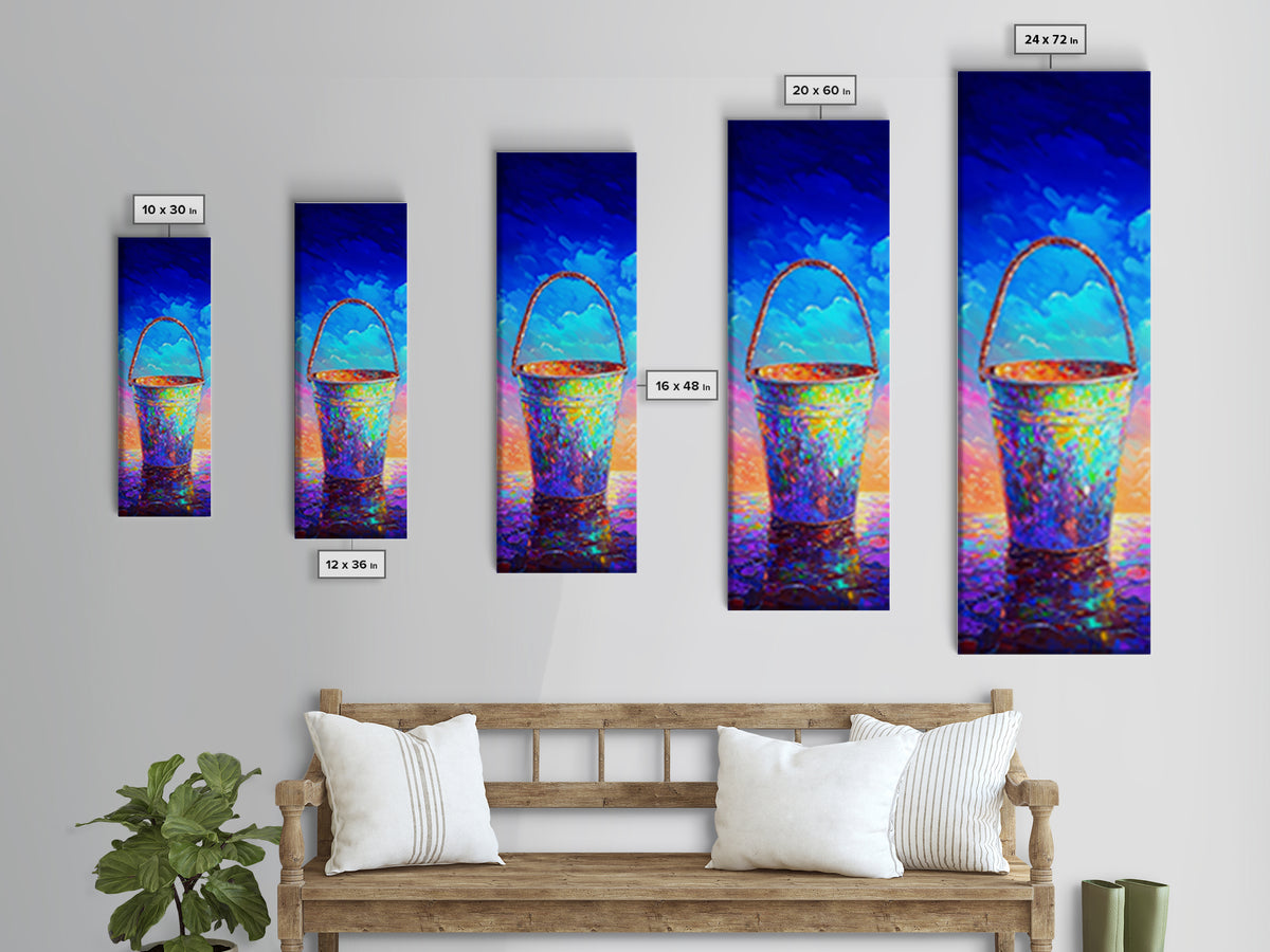Iridescent Beach Pail Wall Art, Colorful Coastal Canvas, Summer Beach House Decor, Ocean Nursery Art, Whimsical Housewarming Gift