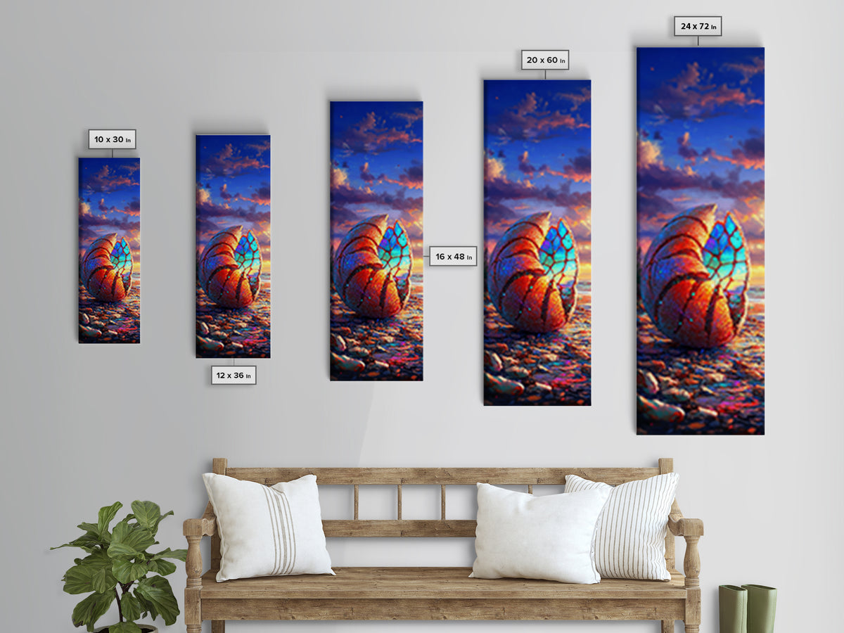 Rainbow Nautilus Seashell At Sunset Wall Art, Coastal Canvas Print, Beach House Decor, Ocean Landscape Art, Seaside Gift