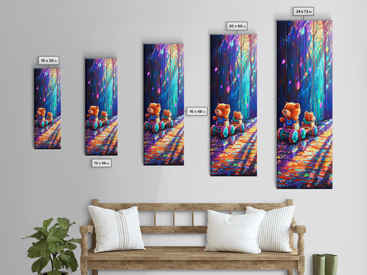 Teddy Bear Toy Wagon In Magical Light Wall Art, Nursery Canvas Print, Whimsical Woodland Kids Room Decor, Baby Shower Gift