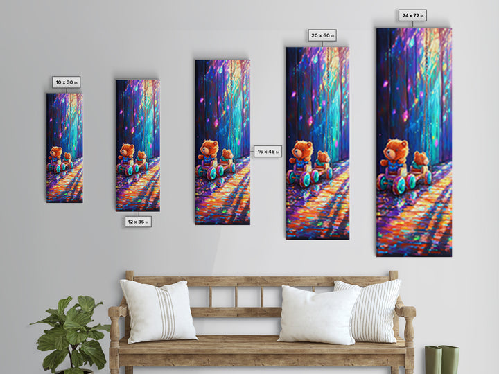 Teddy Bear Toy Wagon In Magical Light Wall Art, Nursery Canvas Print, Whimsical Woodland Kids Room Decor, Baby Shower Gift