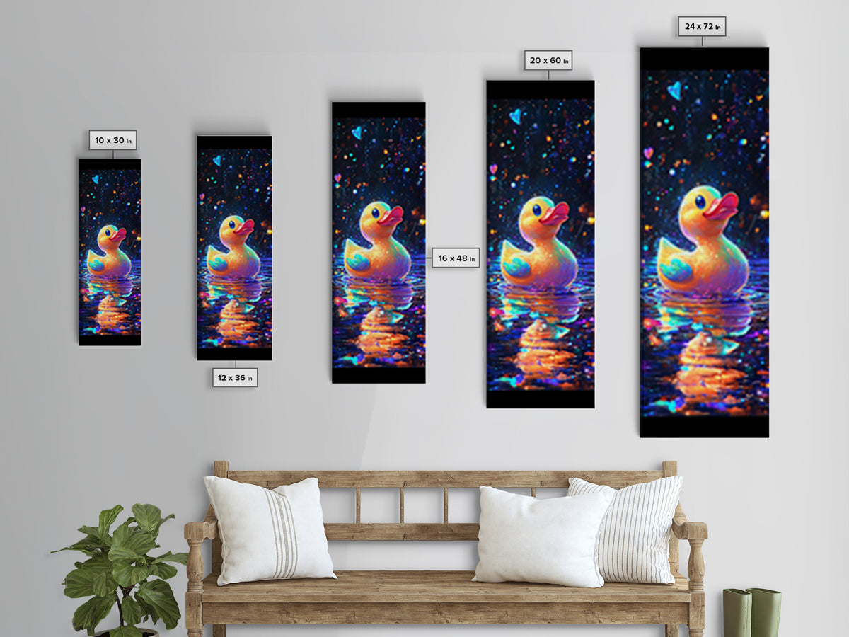 Cute Rubber Duck Floating On Sparkling Water Canvas Print, Whimsical Animal Art, Bathroom Wall Art, Kids Room Decor Gift
