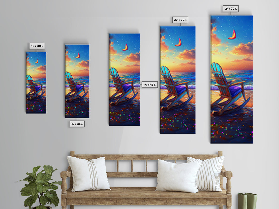 Sunset Beach Chair Under Crescent Moon Canvas Print, Coastal Wall Art, Ocean Decor, Beach House Living Room Wall Decor Gift