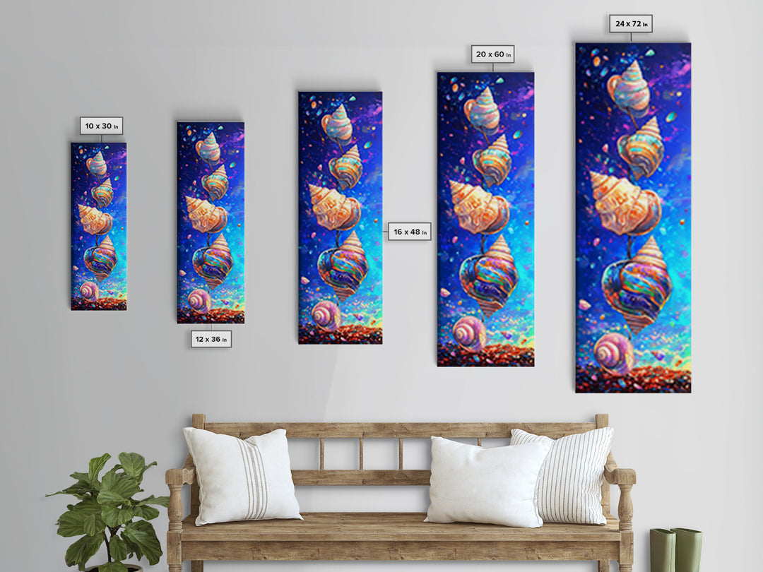 Floating Rainbow Seashells Canvas Print, Coastal Wall Art, Ocean Life Art, Beach House Decor, Vibrant Nautical Wall Decor