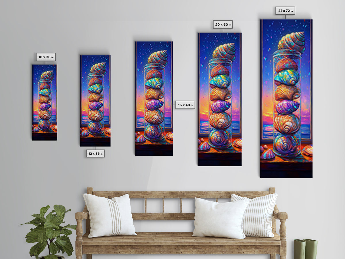 Stacked Rainbow Seashells In Window Framed Canvas Print, Coastal Wall Art, Beach House Decor, Nautical Wall Decor Housewarming Gift