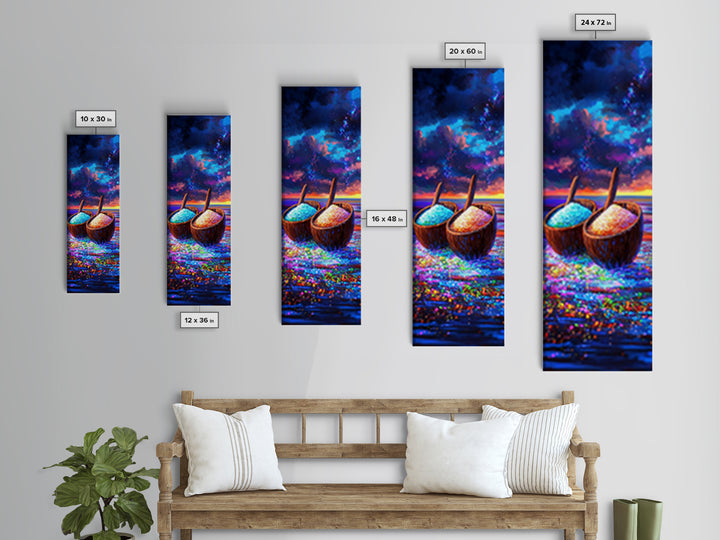 Glittering Coconut Bowls At Sunset Wall Art, Coastal Kitchen Decor, Tropical Beach House Print, Colorful Ocean Dining Art