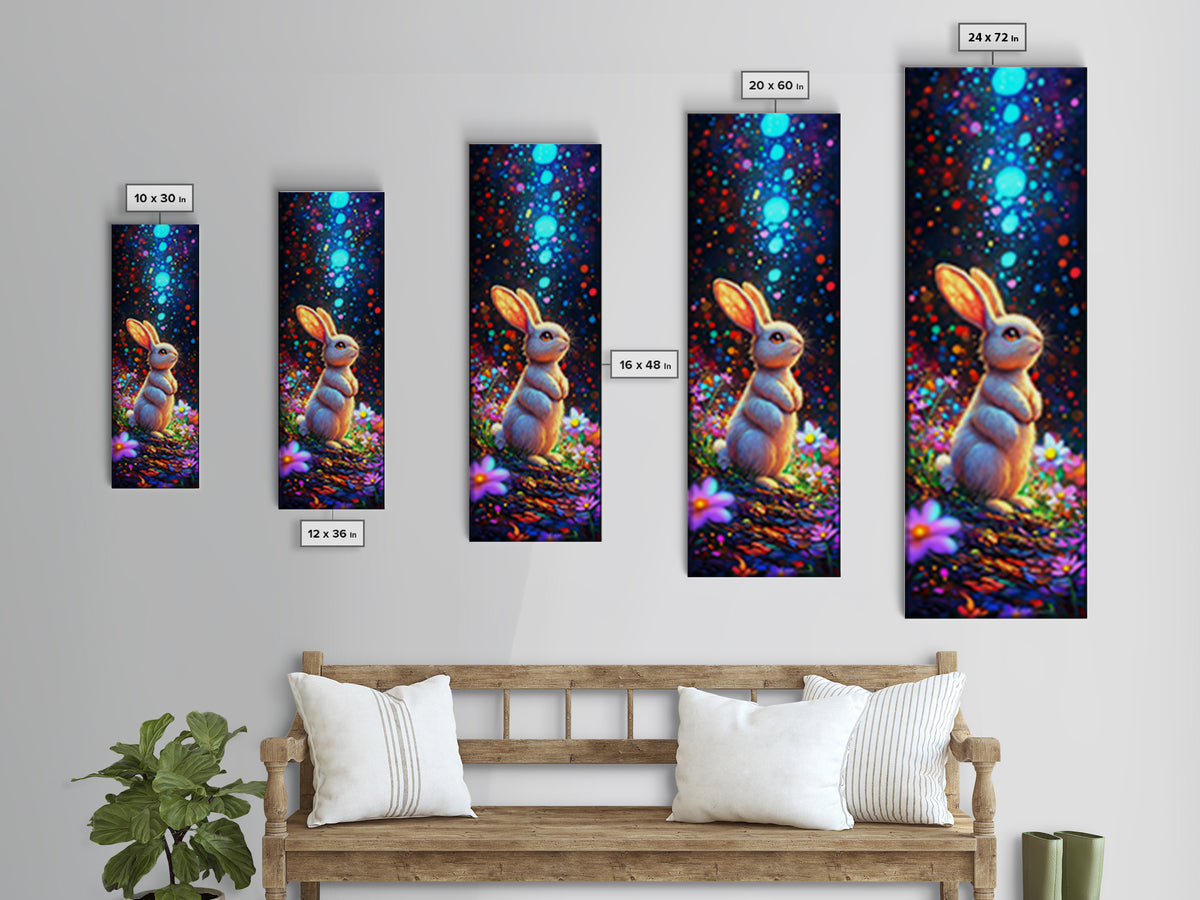 Cute Bunny In Magical Flower Garden Framed Canvas Print, Whimsical Animal Wall Art, Nursery Decor, Kids Room Art Gift, Baby Shower Gift