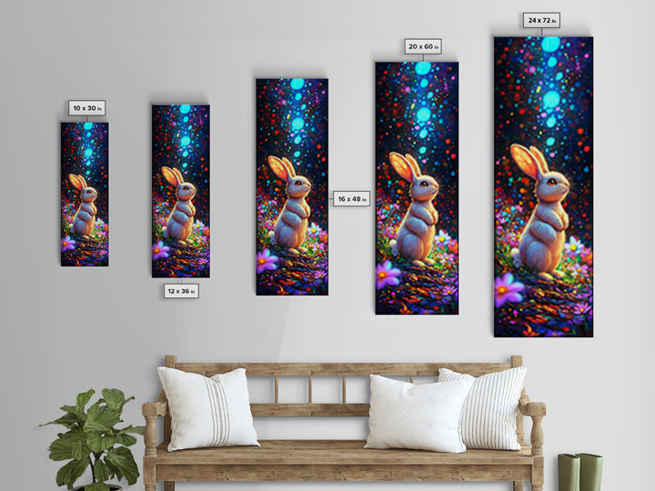 Cute Bunny In Magical Flower Garden Framed Canvas Print, Whimsical Animal Wall Art, Nursery Decor, Kids Room Art Gift, Baby Shower Gift