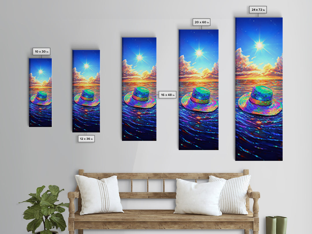 Rainbow Sun Hat On Sparkling Ocean Canvas Print, Beach Wall Art, Coastal Decor, Summer Seascape For Living Room, Housewarming Gift