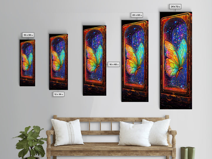 Glowing Rainbow Butterfly In Glass Case Wall Art, Celestial Fantasy Art Print, Whimsical Wall Decor, Unique Gift For Bedroom Decor