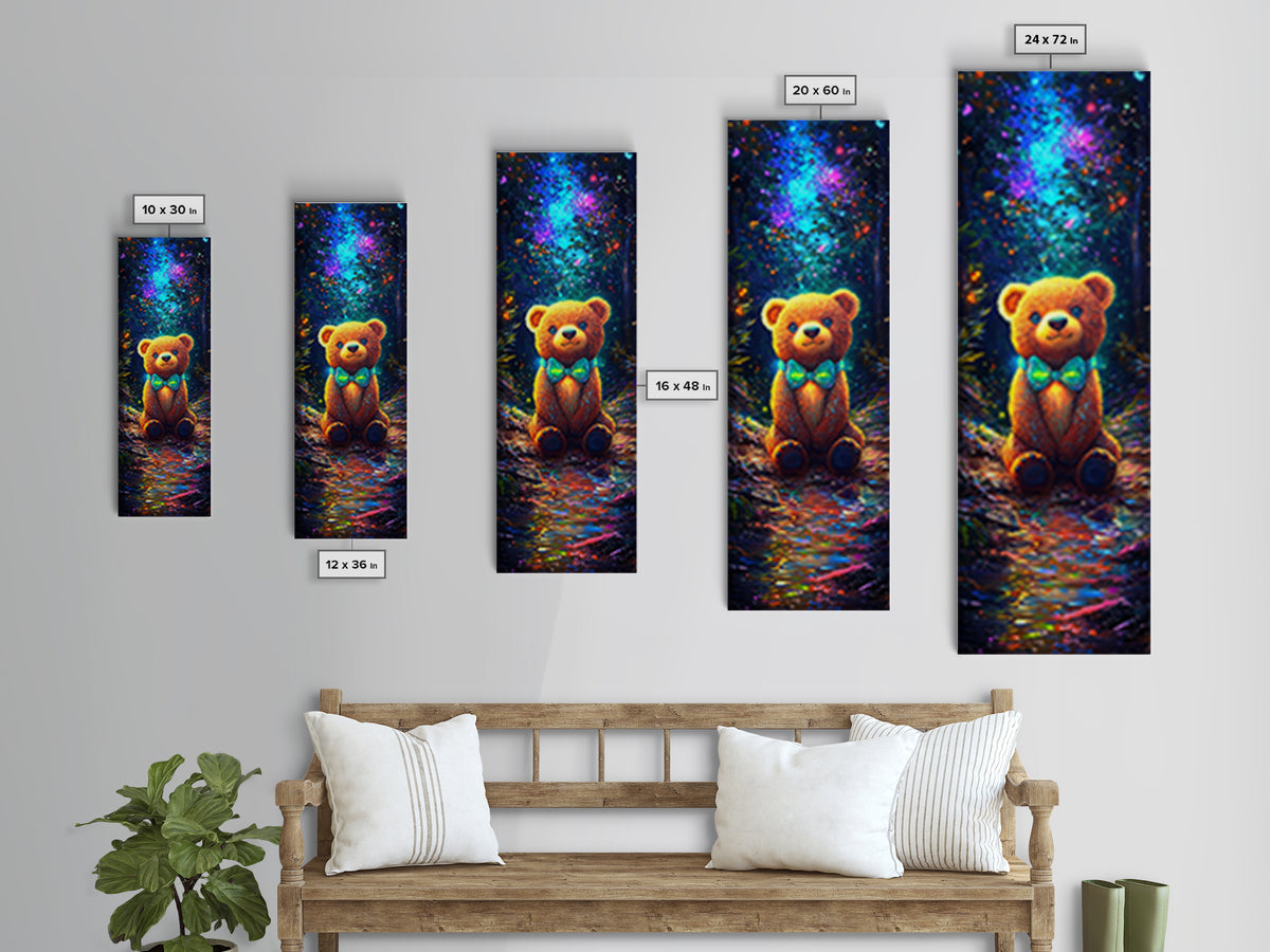 Glowing Teddy Bear In Enchanted Forest Wall Art, Whimsical Nursery Decor, Cute Animal Art Print, Kids Room Decor Gift Idea