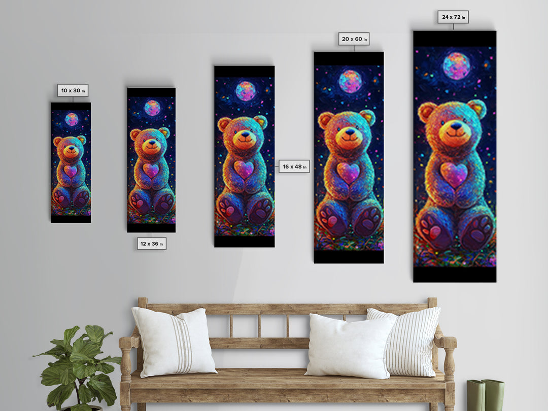 Moonlit Teddy Bear With Heart Framed Canvas Print, Whimsical Wall Art, Nursery Decor, Cute Animal Art, Celestial Room Decor