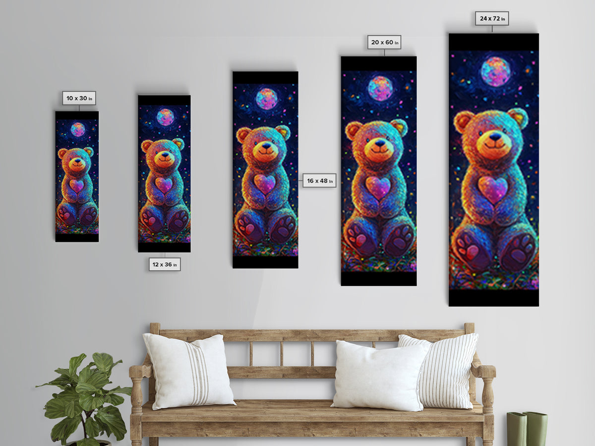Moonlit Teddy Bear With Heart Framed Canvas Print, Whimsical Wall Art, Nursery Decor, Cute Animal Art, Celestial Room Decor