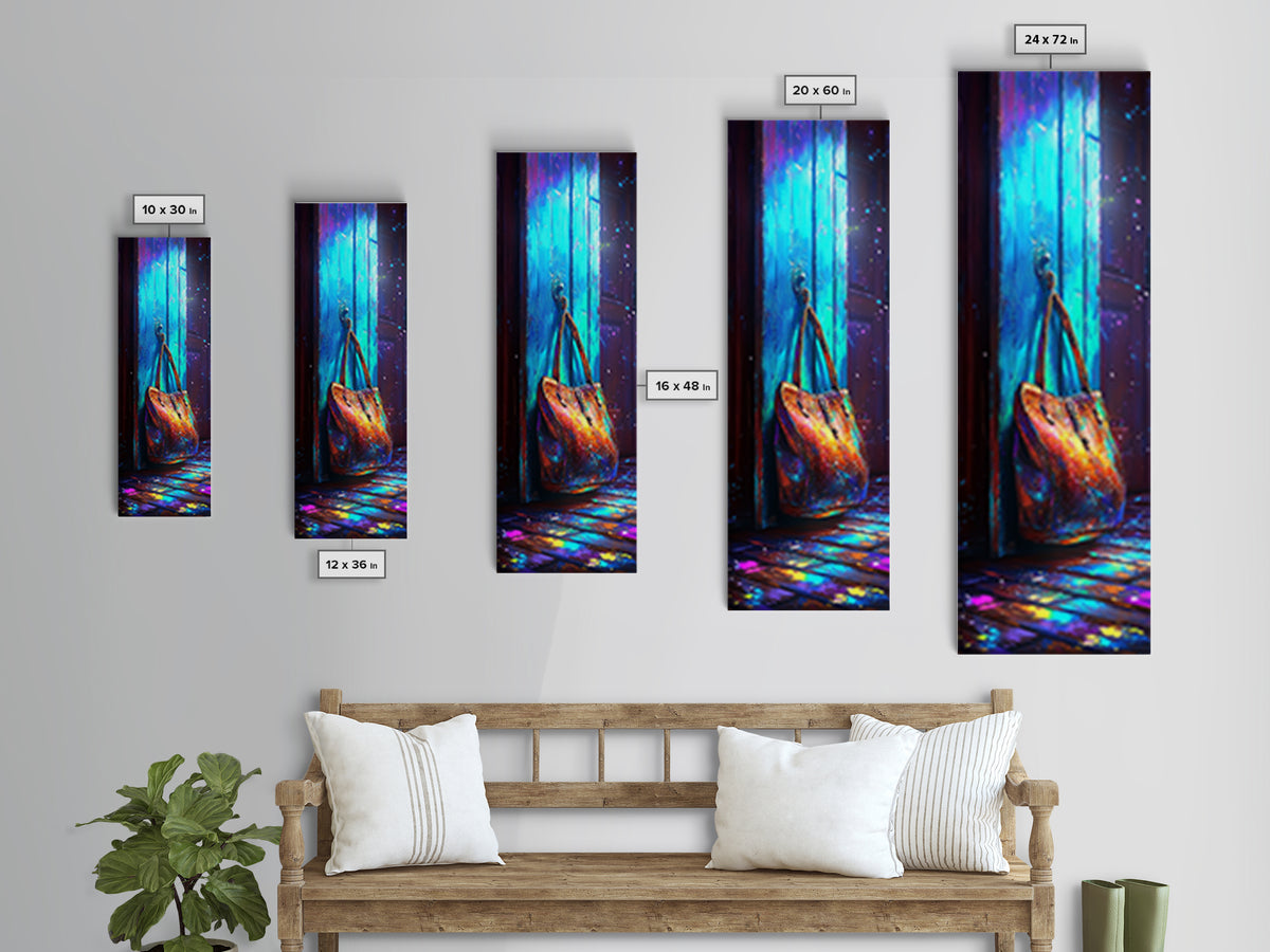 Iridescent Handbag Hanging On Turquoise Door Canvas Print, Fashion Wall Art, Glam Entryway Decor, Gift For Her, Trendy Poster
