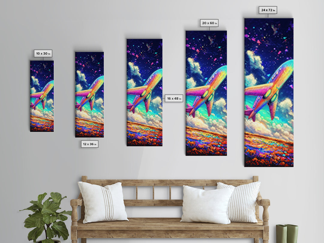Rainbow Jet Flying Through Starry Clouds Canvas Print, Space Wall Art, Aviation Wall Decor, Kids Room Decor, Gift For Travelers