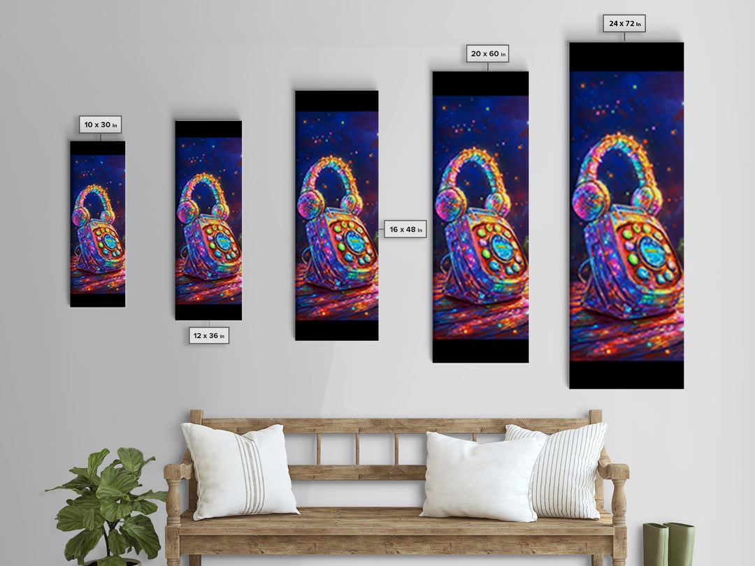 Jeweled Retro Phone With Headphones Framed Canvas Print, Music Wall Art, Funky Wall Decor, Game Room Decor, Gift For Him