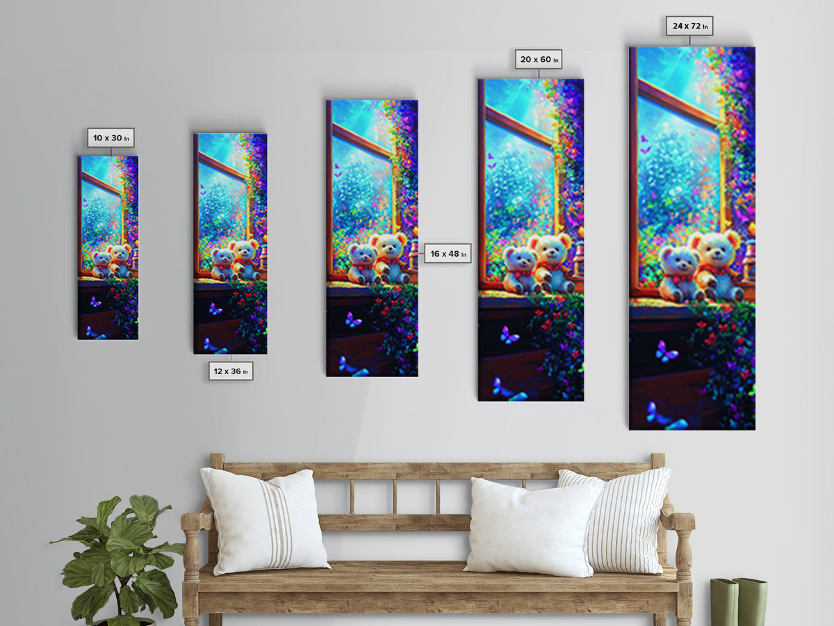 Sunlit Teddy Bears By Garden Window Canvas Print, Cute Animal Wall Art, Whimsical Nursery Decor, Baby Shower Gift For Her