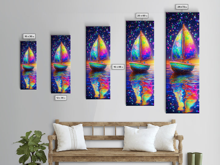 Rainbow Sailboat At Sunset Canvas Print, Colorful Coastal Wall Art, Nautical Ocean Decor, Beach House Gift, Modern Seascape