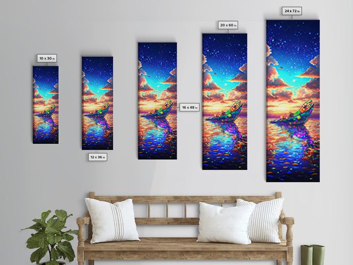 Glowing Rowboat Under Stars Canvas Print, Colorful Ocean Wall Art, Dreamy Seascape Decor, Coastal Gift, Fantasy Landscape