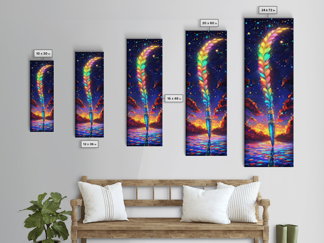 Rainbow Feather Quill Canvas Print, Celestial Wall Art, Whimsical Ocean Decor, Fantasy Writing Gift, Colorful Office Art