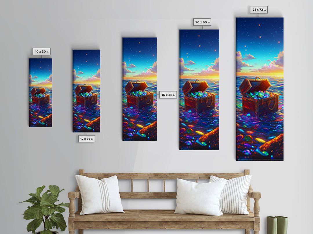 Glowing Treasure Chest At Ocean Sunset Canvas Print, Nautical Wall Art, Coastal Beach House Decor, Fantasy Sea Lover Gift