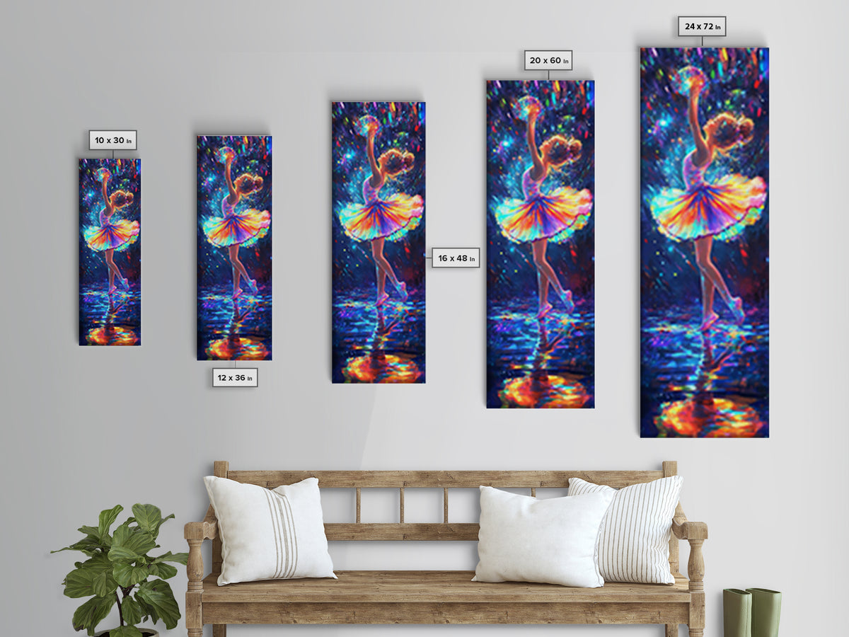 Rainbow Ballerina Dancing Under Lights Framed Canvas Print, Dance Studio Wall Art, Whimsical Girl Room Decor, Gift For Her