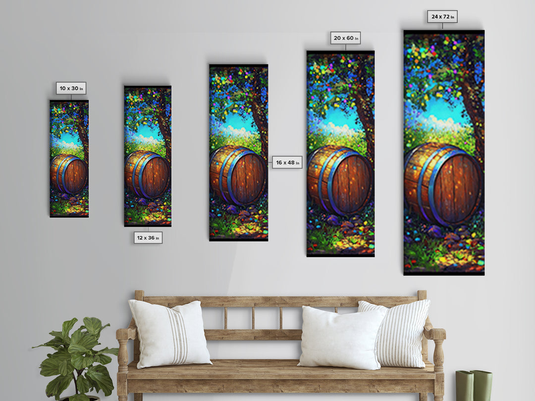Sunlit Wine Barrel In Lush Garden Canvas Print, Rustic Wall Art, Winery Home Decor, Vineyard Landscape Housewarming Gift