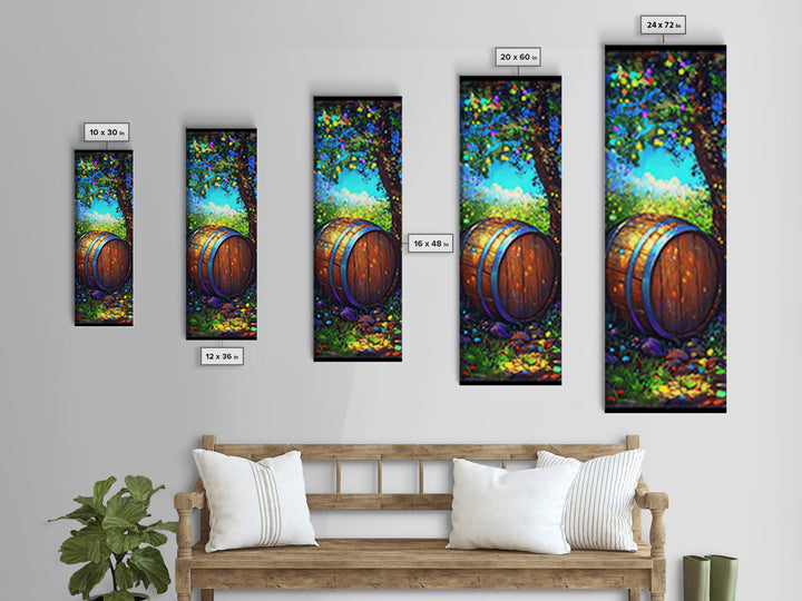 Sunlit Wine Barrel In Lush Garden Canvas Print, Rustic Wall Art, Winery Home Decor, Vineyard Landscape Housewarming Gift