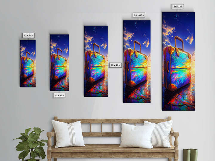 Rainbow Suitcase Reflecting Ocean Sunset Framed Canvas Print, Vibrant Travel Poster, Coastal Wall Decor For Wanderlust Gift