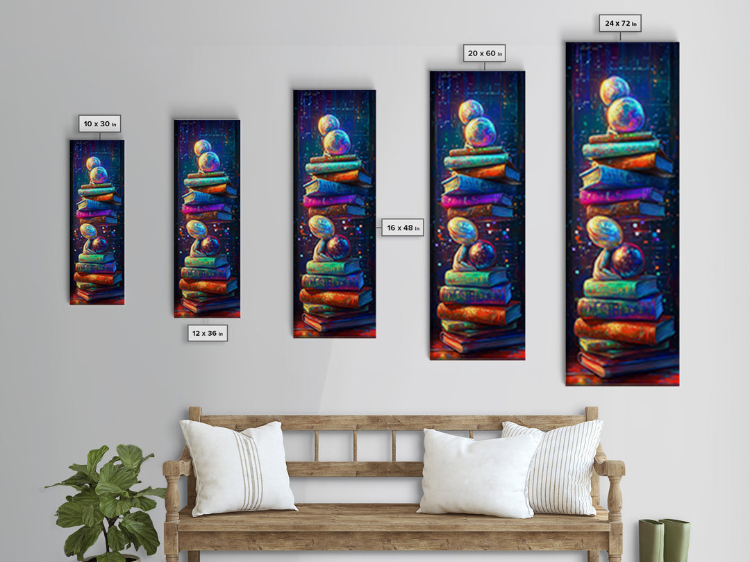 Floating Planets Over Stacked Books Wall Art, Celestial Library Decor, Book Lover Gift, Colorful Fantasy Reading Nook Print