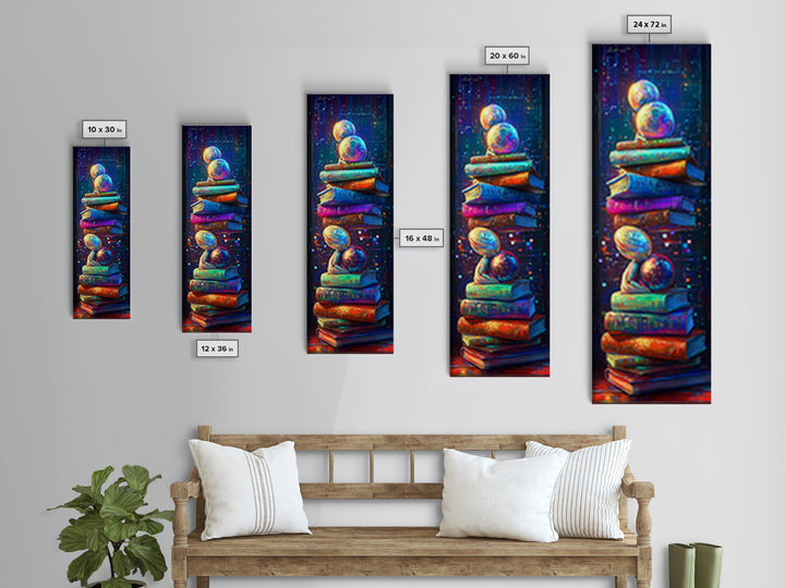 Floating Planets Over Stacked Books Wall Art, Celestial Library Decor, Book Lover Gift, Colorful Fantasy Reading Nook Print
