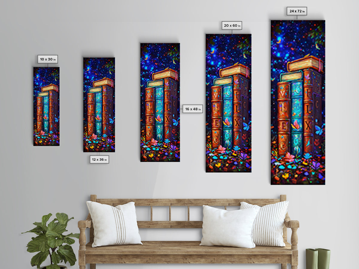 Magical Alphabet Books With Butterflies Canvas Print, Celestial Library Wall Decor, Colorful Book Lover Gift, Fantasy Art