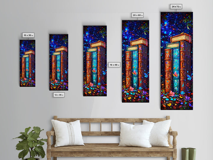 Magical Alphabet Books With Butterflies Canvas Print, Celestial Library Wall Decor, Colorful Book Lover Gift, Fantasy Art
