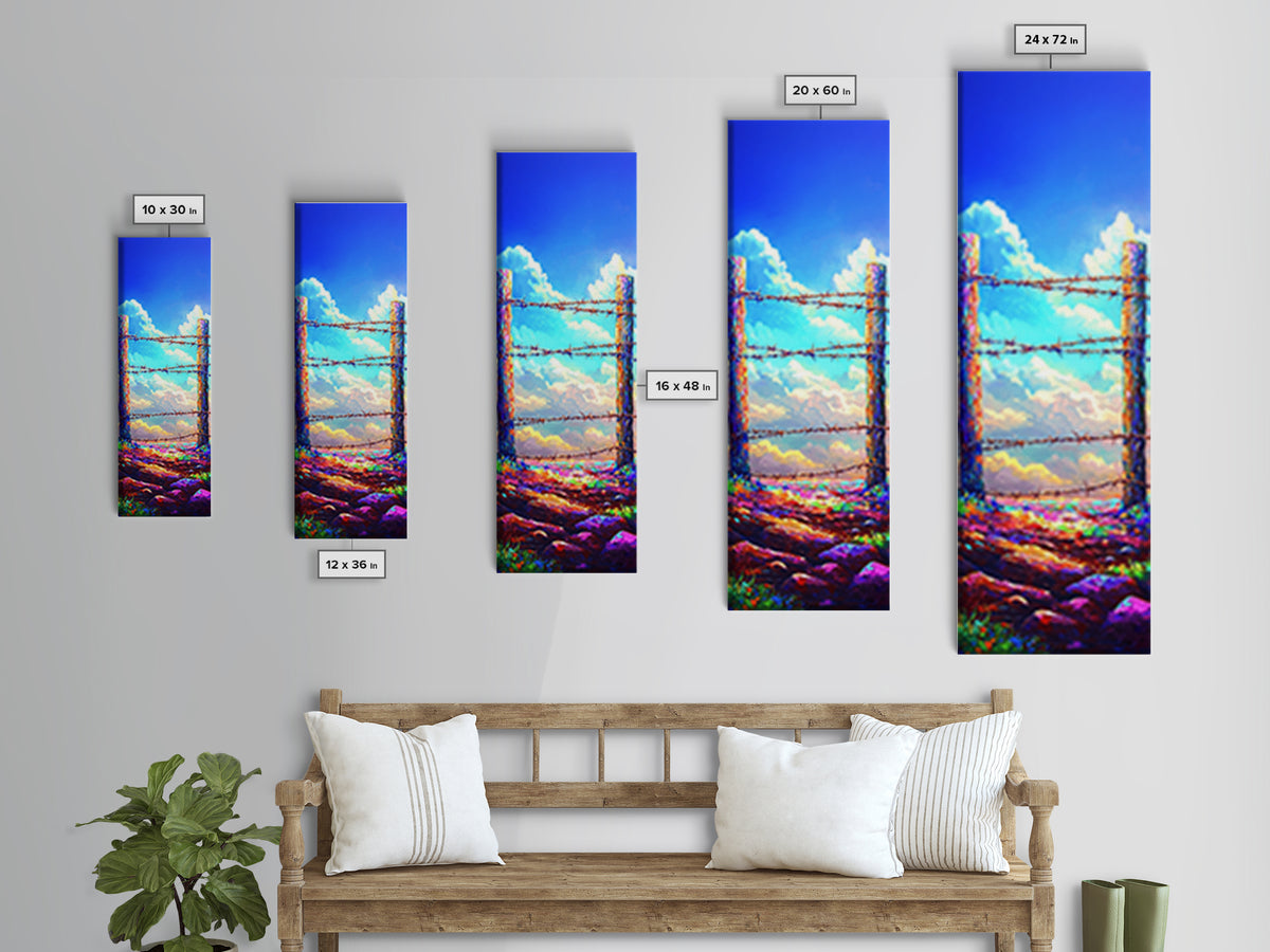 Sunlit Barbed Wire Fence Under Blue Sky Wall Art, Rustic Western Canvas Print, Farmhouse Landscape Decor Housewarming Gift