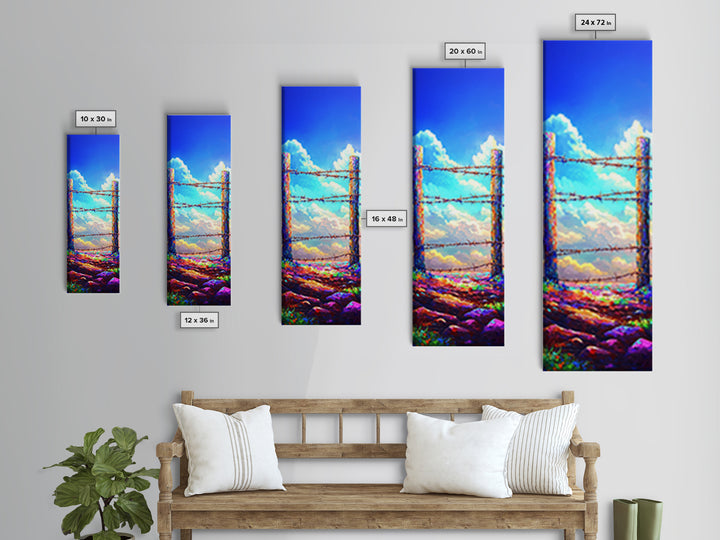 Sunlit Barbed Wire Fence Under Blue Sky Wall Art, Rustic Western Canvas Print, Farmhouse Landscape Decor Housewarming Gift
