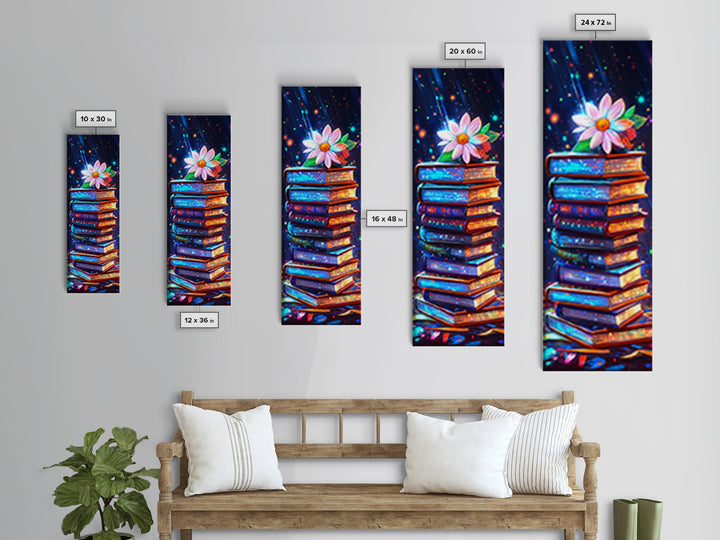 Glowing Stack Of Books With Daisy Canvas Print, Book Lover Wall Art, Cozy Library Decor, Reading Nook Art, Literary Gift