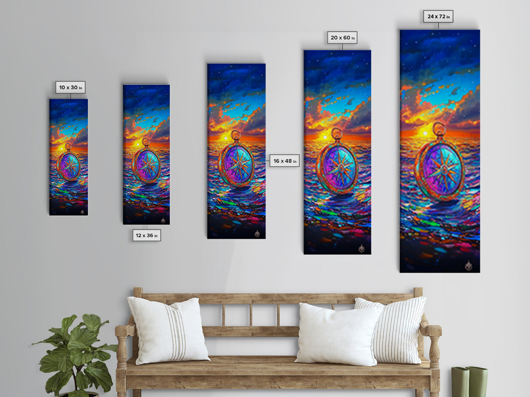 Vibrant Compass On Sunset Ocean Wall Art, Nautical Coastal Decor, Travel Poster, Seascape Art Print, Beach House Living Room Decor