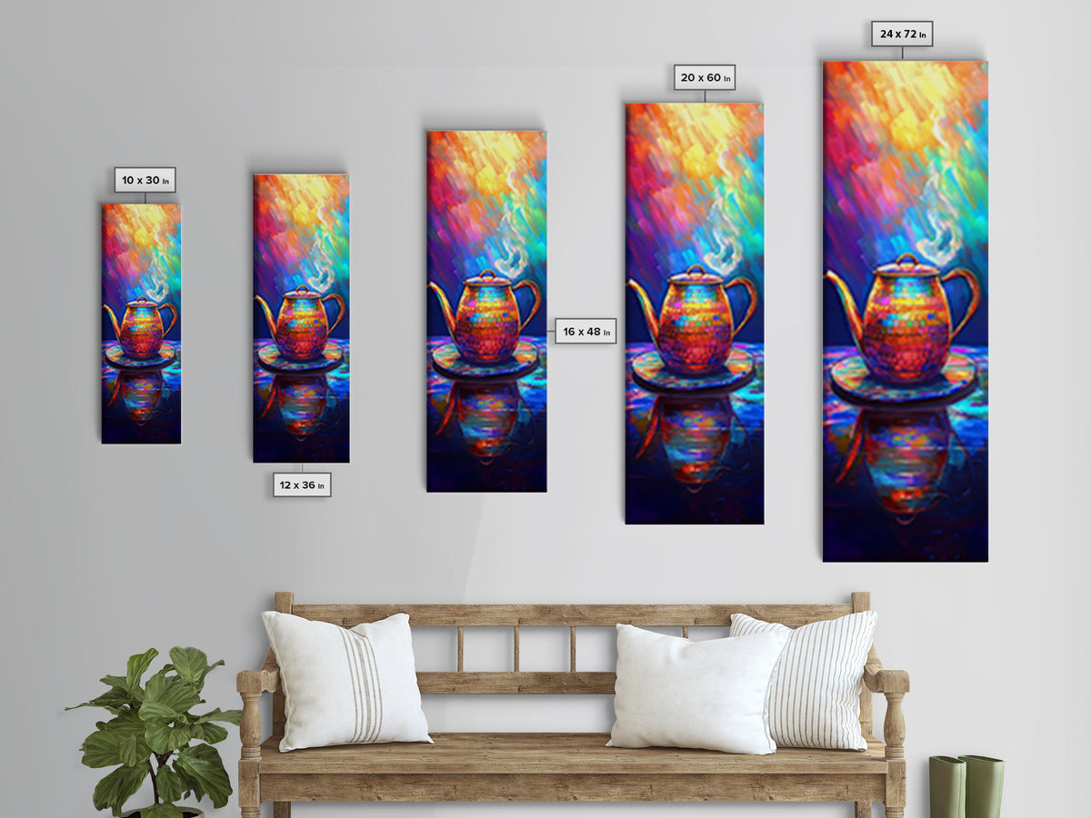 Rainbow Teapot With Steam Framed Canvas Print, Colorful Kitchen Wall Art, Tea Lover Gift, Boho Dining Room Decor, Still Life Art